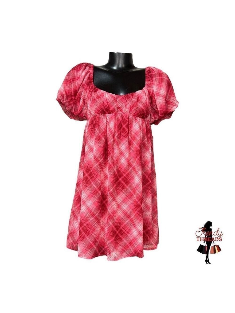 101 Live To Be Spoiled NEW Plaid Mini Dress SMALL Puff Sleeve Empire Waist Pink